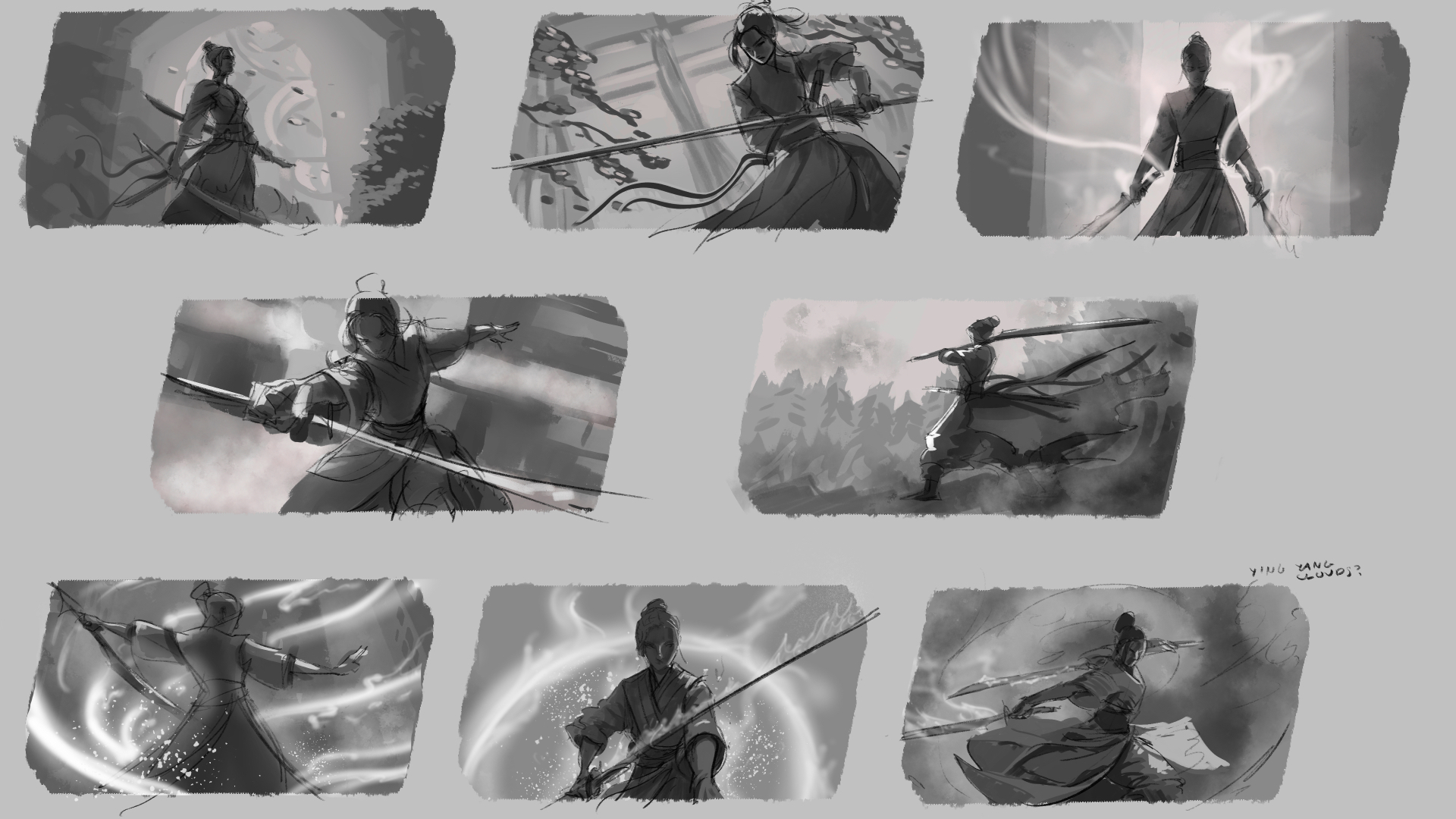 A grayscale ideation sheet of eight thumbnails of a topknot swordswoman: standing alert among leaves, a two-handed slash, dual blades in the mist, a low lunging thrust, a leap over a treeline, a mid-spin from behind, a crouch inside a glowing ring, and a low sweeping dash.