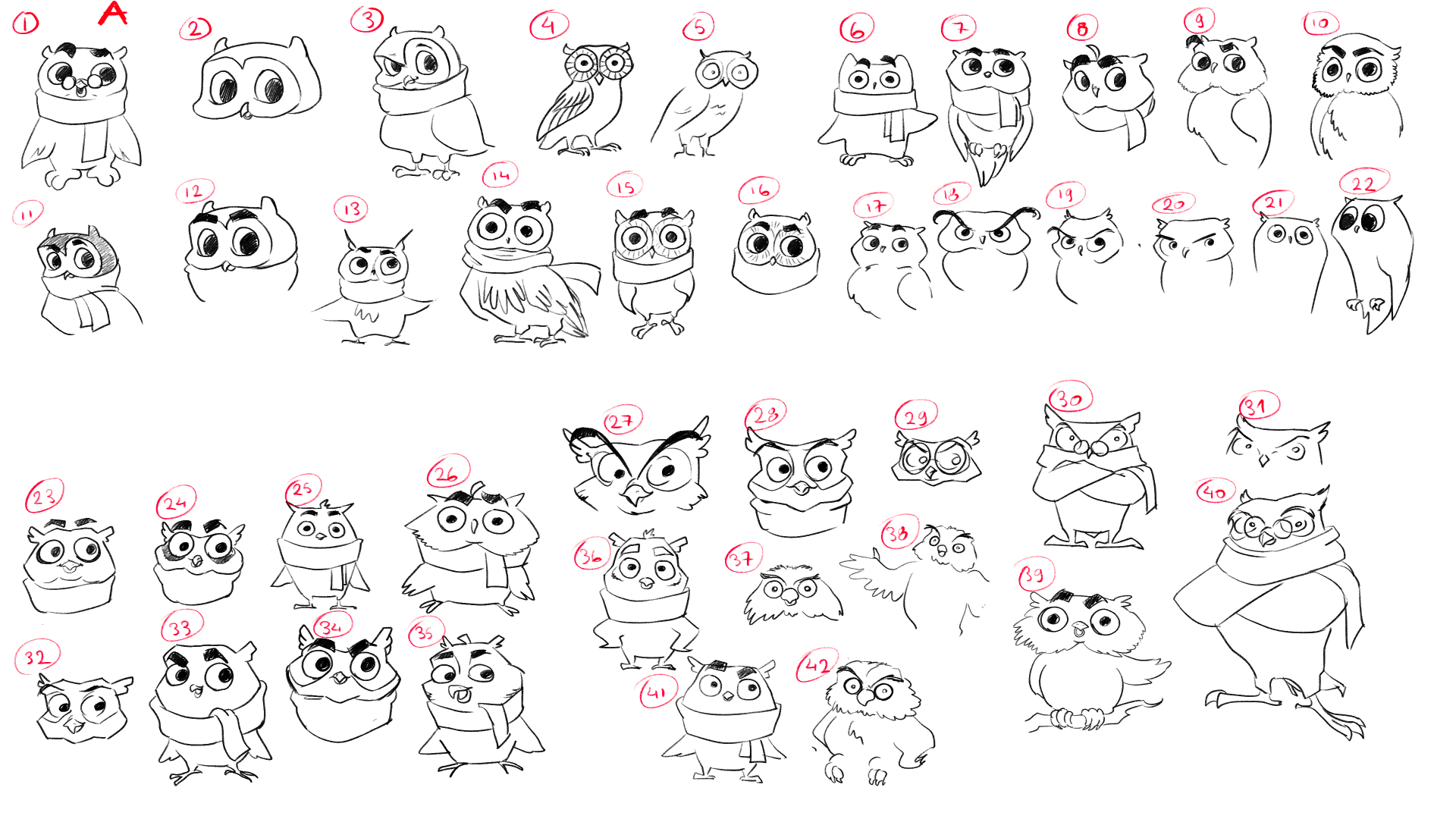 A mascot design sheet: forty-two numbered pencil-and-ink owl sketches in black on white.