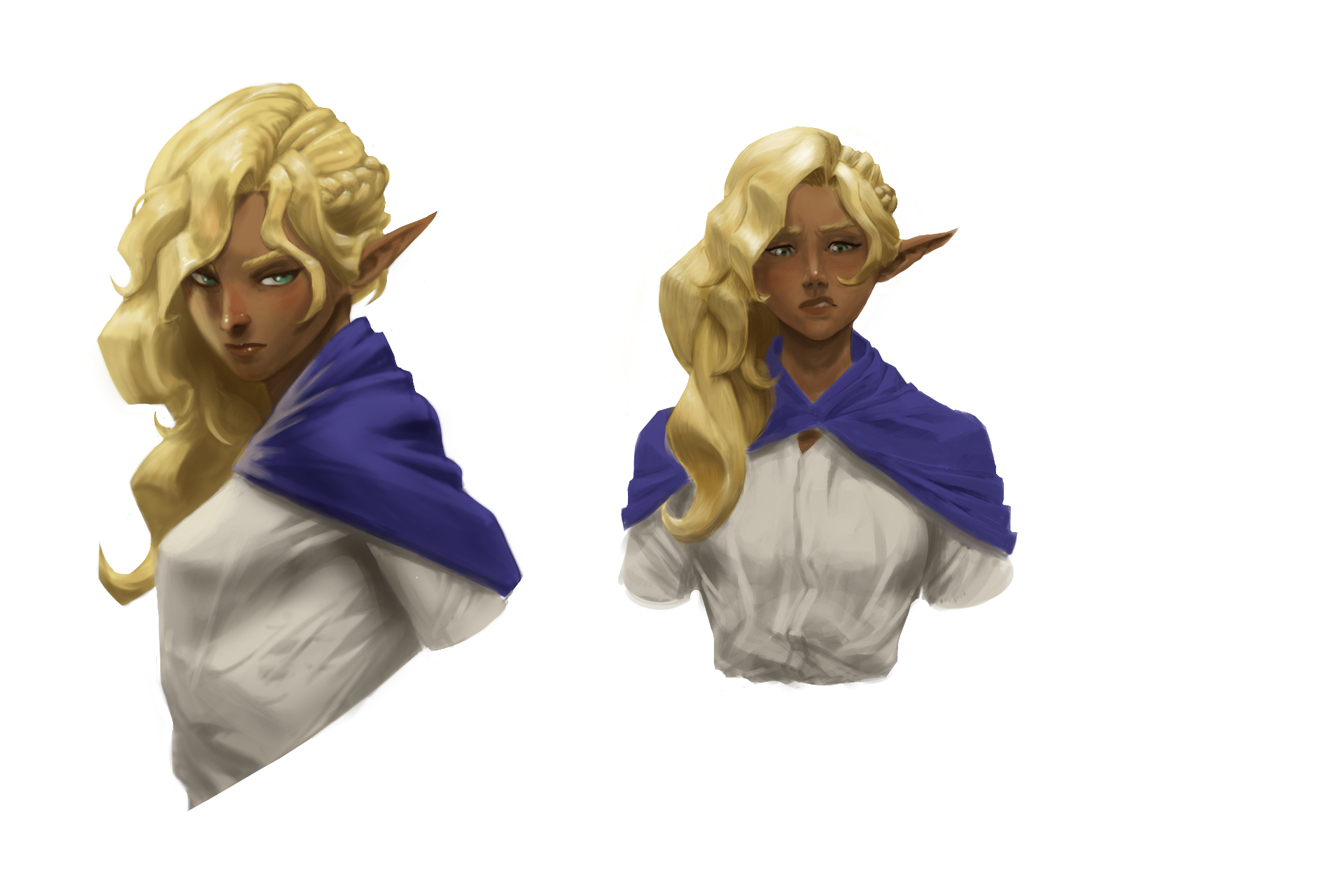 A blonde elf in a flowing blue cape, shown in two views, painted in soft cool tones.