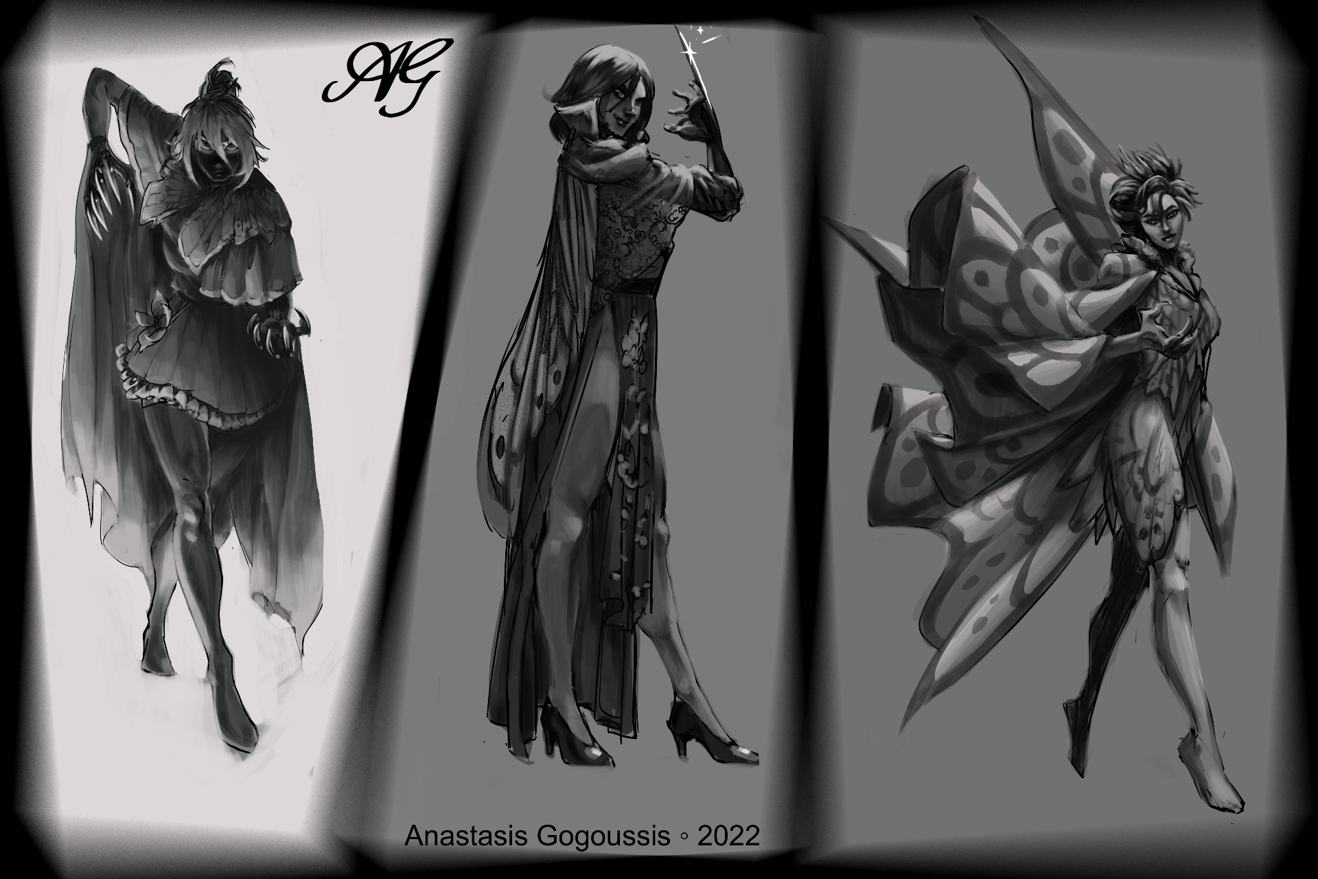 Three grayscale character concepts side by side: a moth-winged girl, a caped figure with a sparkling needle inspired by a wasp, and a butterfly winged woman.