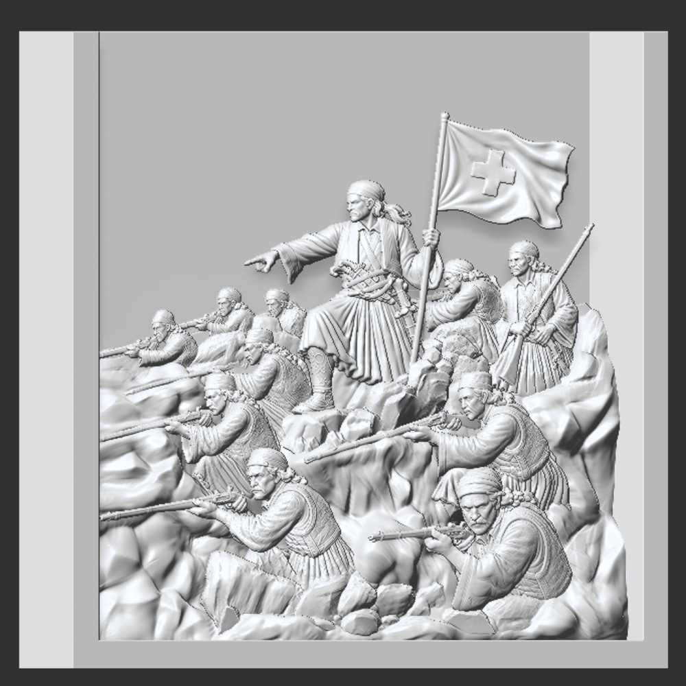A carved 3D relief of a battle scene, with fighters gathered on rocks beneath a flag bearing a cross, commonly referred to as 'Tabouria'.