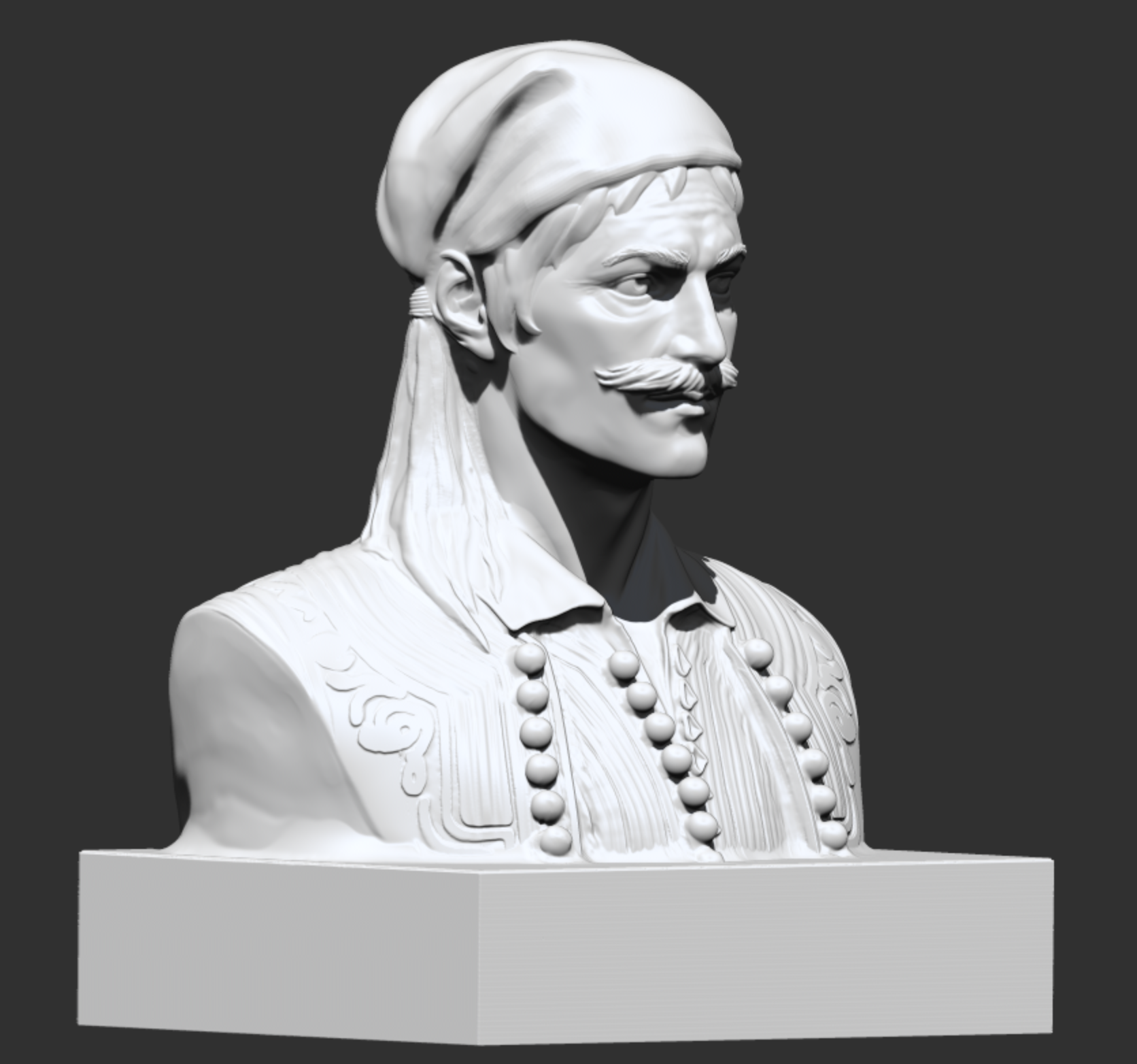 The same sculpted bust seen from a three-quarter angle, showing the headscarf folds and vest buttons.