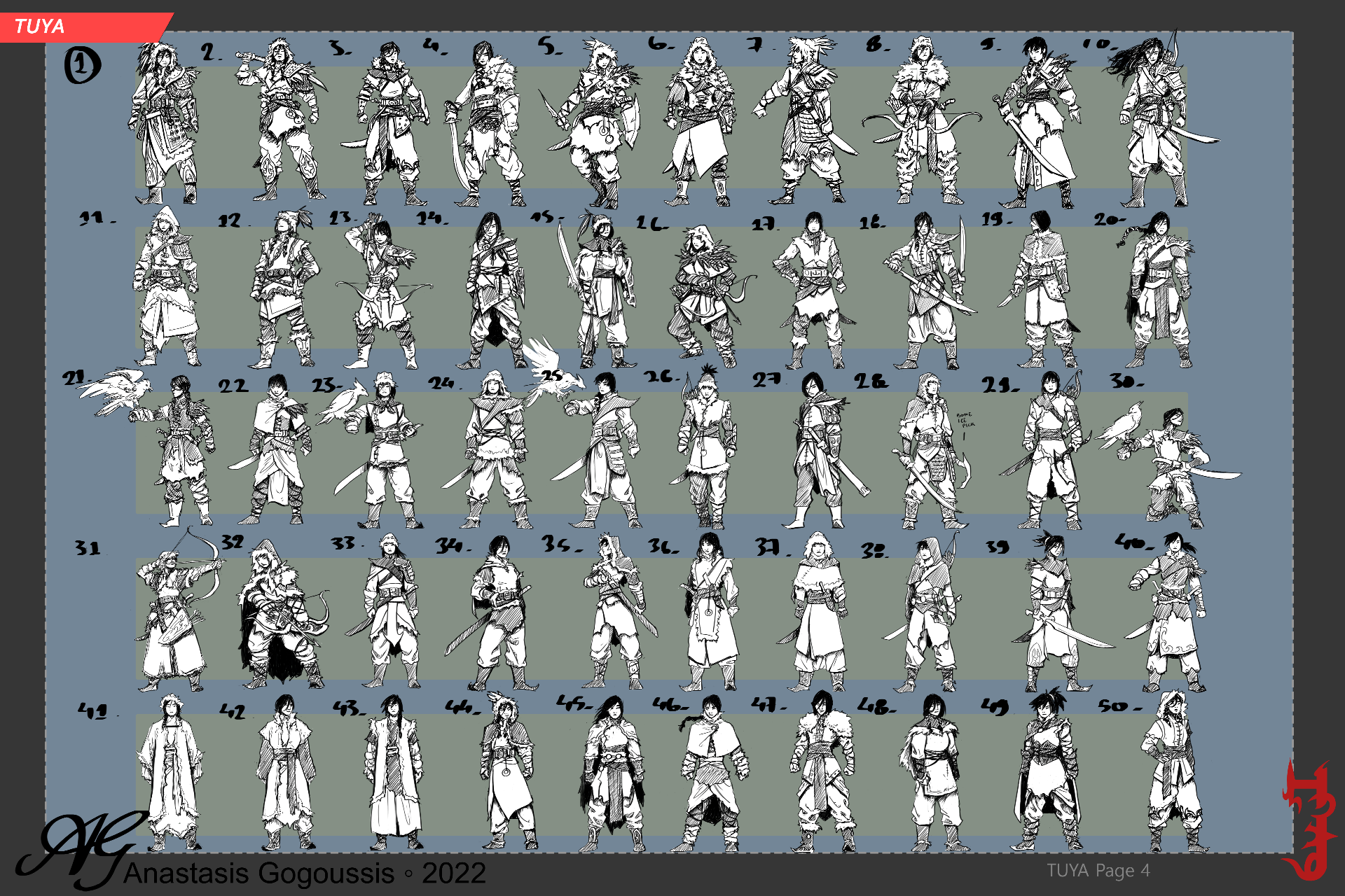 A design sheet of fifty numbered full-body thumbnails of a nomadic warrior called Tuya, arranged in a grid on a slate-blue page under a red 'TUYA' banner. Each figure is drawn in black ink with white fills, trying out different swords, recurve bows, daggers, spears, fur-trimmed winter coats and a hunting bird.