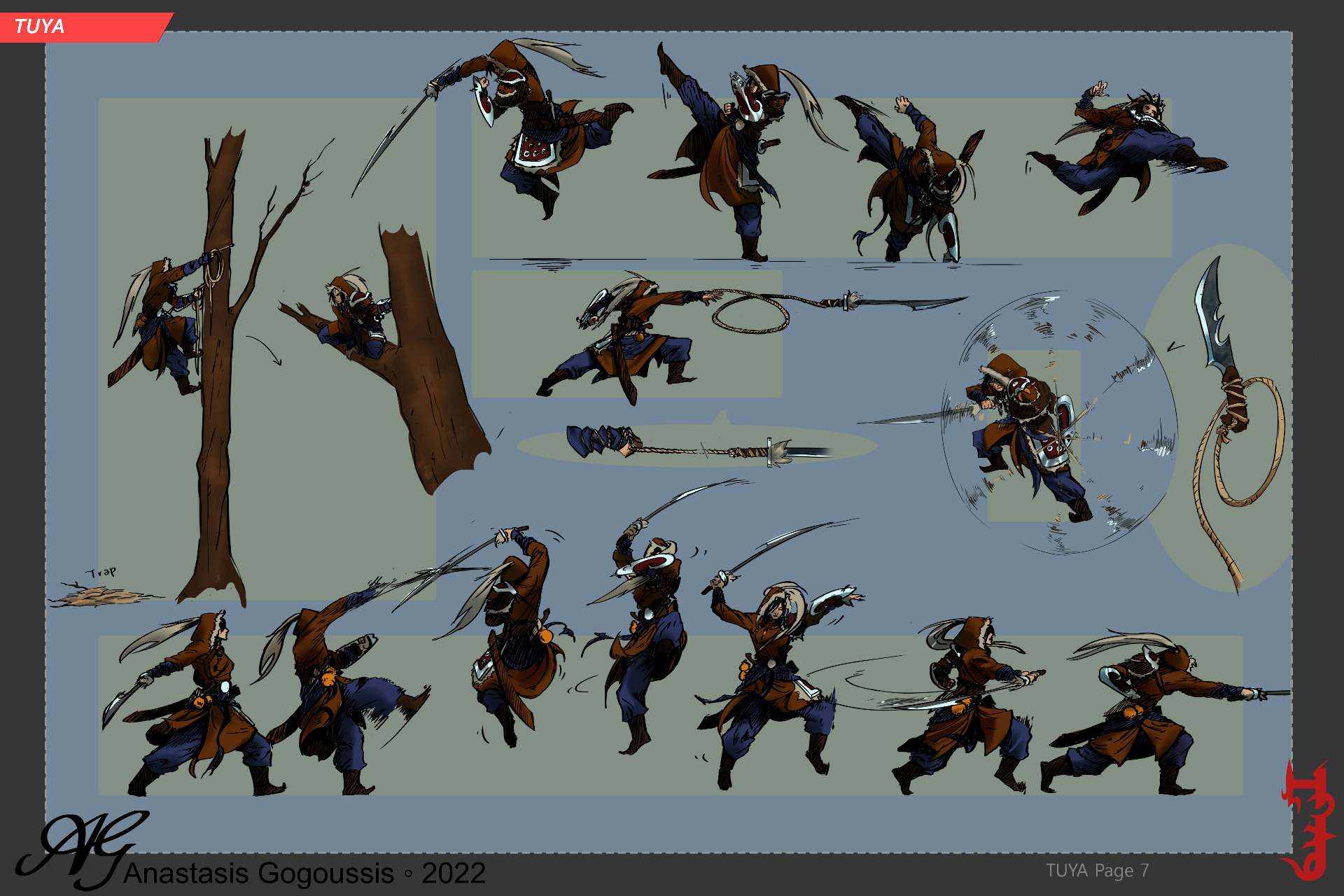 An action study sheet: Tuya climbing and perching in a tree beside a brush pile labelled 'Trap', kicking, leaping, deflecting with a dagger and throwing a rope-tethered blade, all in flat colour on slate blue. Along the bottom a seven-frame sequence walks through one fluid sword attack.