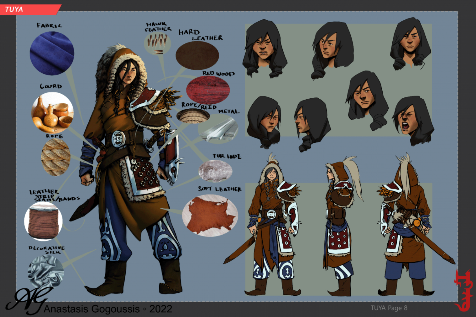 A model sheet: a large three-quarter figure of Tuya on the left with eleven circular photographic material samples — fabric, gourd, rope, leather seams, decorative silk, hawk feather, hard leather, red wood, metal and fur — joined to her by pointer lines. Seven head studies at the top right run through different expressions, and a clean front, side and back turnaround sits below.