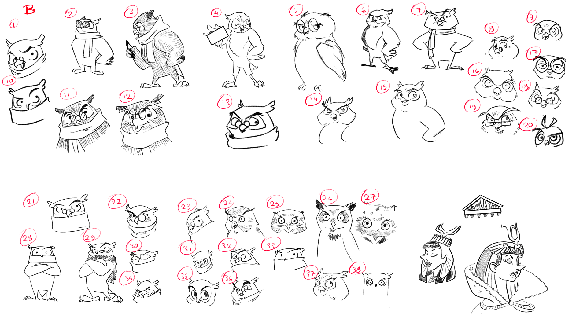 A second mascot sheet: thirty-eight numbered owl sketches, some with folded wings, scarves and spectacles, one holding up a blank card, plus corner studies of an Egyptian queen in a winged headdress and a small temple pediment carved with a name.