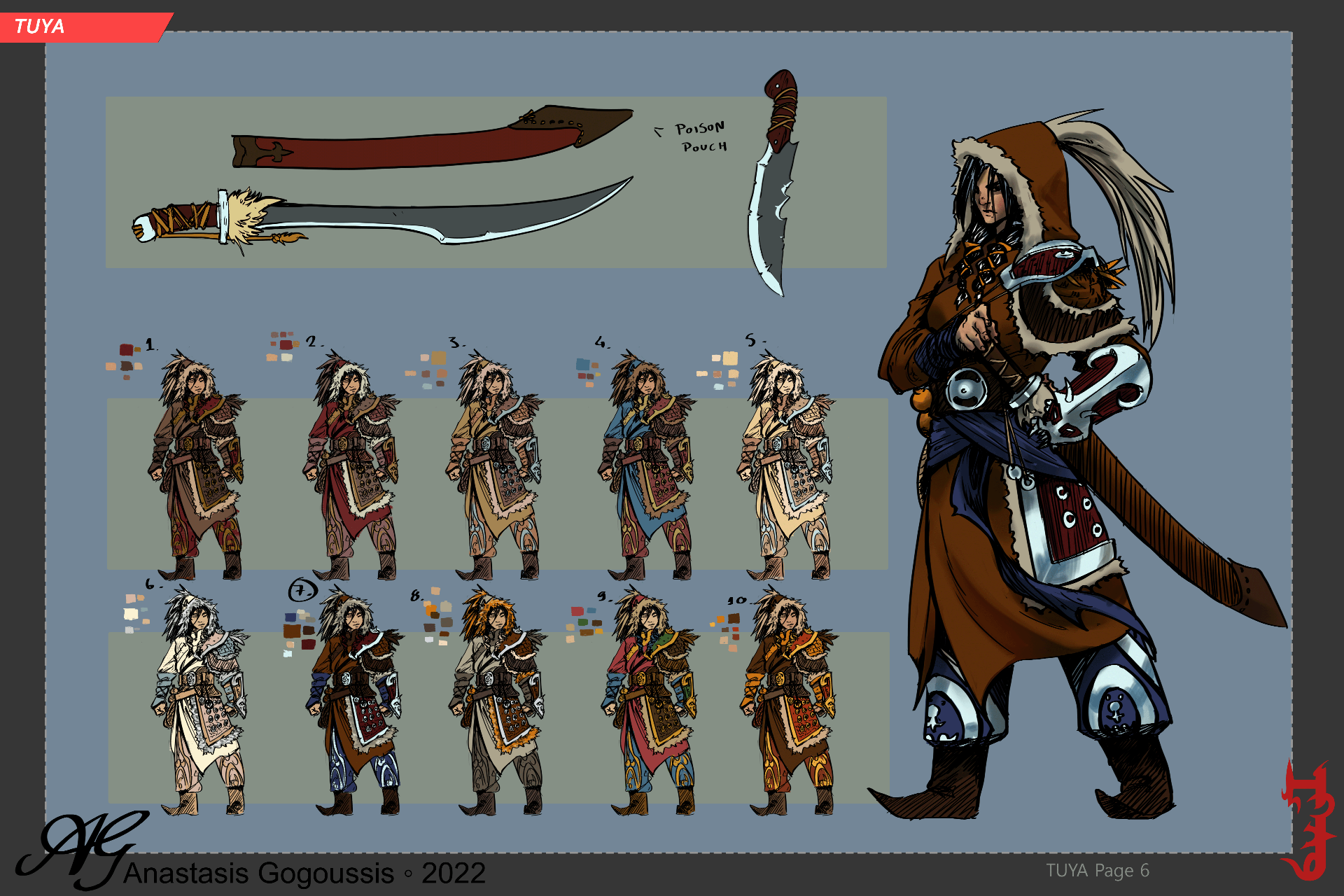 A character design sheet on a slate-blue page: a large full-body figure of Tuya in leather brown, navy and fur at the right, isolated drawings of her scabbard, curved single-edged sword and serrated dagger at the top left with a 'POISON POUCH' callout, and ten numbered colour schemes below, each with its own row of palette swatches.