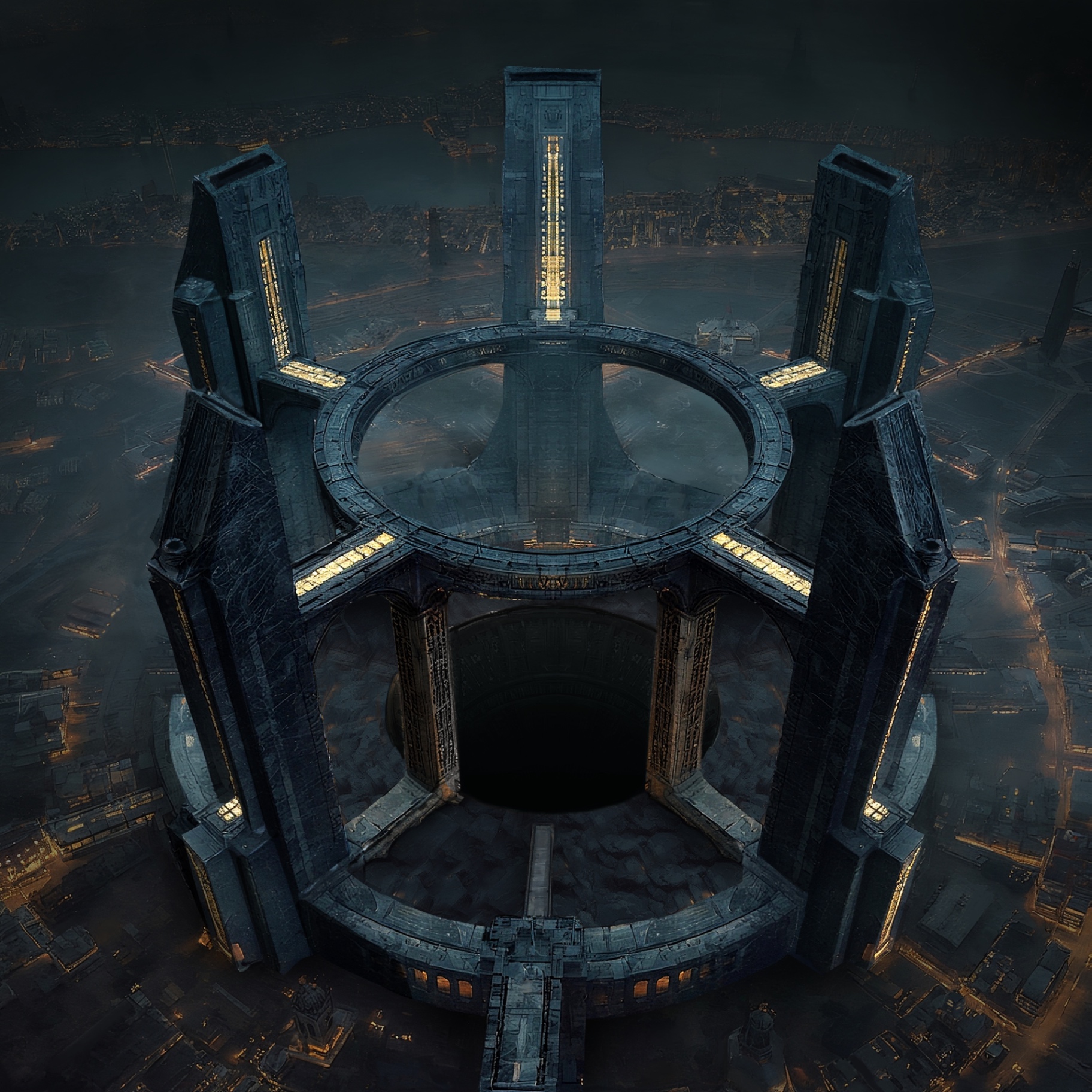 A colossal ring-shaped stone facility seen from directly above: massive pillar-towers surround an open circular platform that drops into a dark central abyss. Below, a dim night city spreads across street grids and harbour waterways, its lights and the tower strips glowing warm amber against cold grey stone.