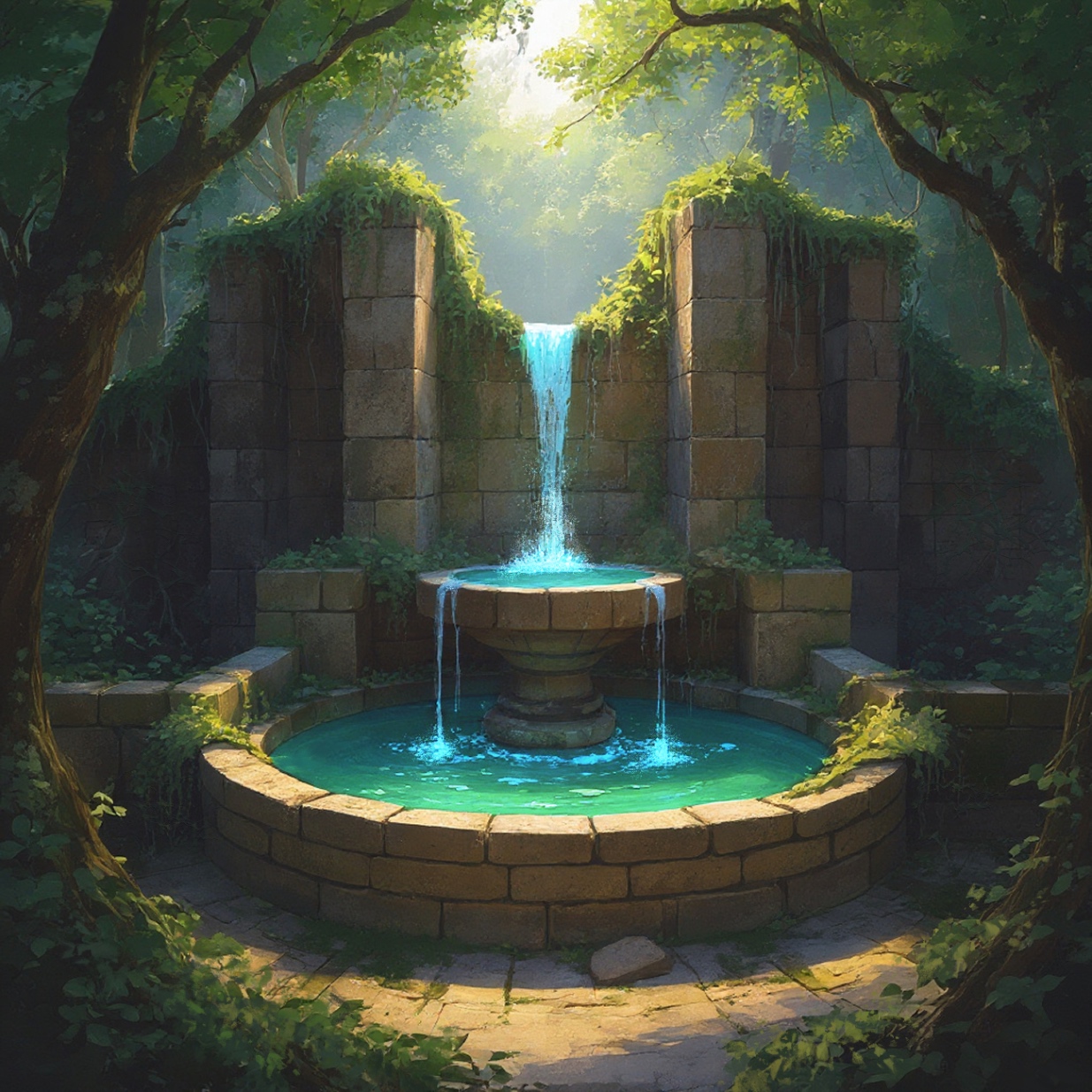 An ancient tiered stone fountain in a sunlit ruin: water falls from an opening between two moss-covered pillars into an elevated basin, then spills into a larger circular pool of clear glowing water below. Curved tree trunks and sprawling vines frame the glade in warm sandstone, green moss and turquoise water.