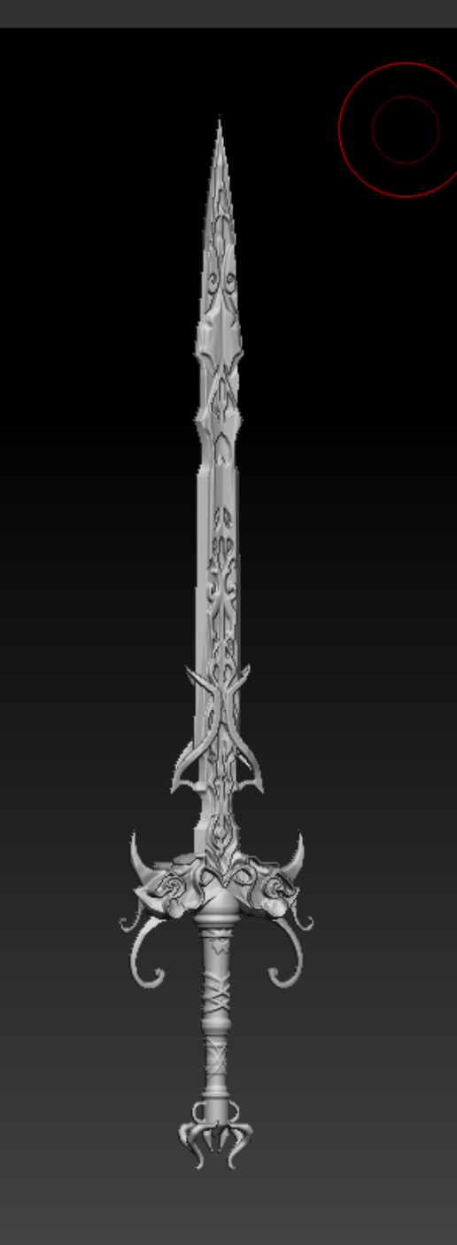 A greyscale clay render of a tall fantasy sword, centred and symmetrical against a dark background: fine filigree runs the length of the blade and covers the guard and pommel.