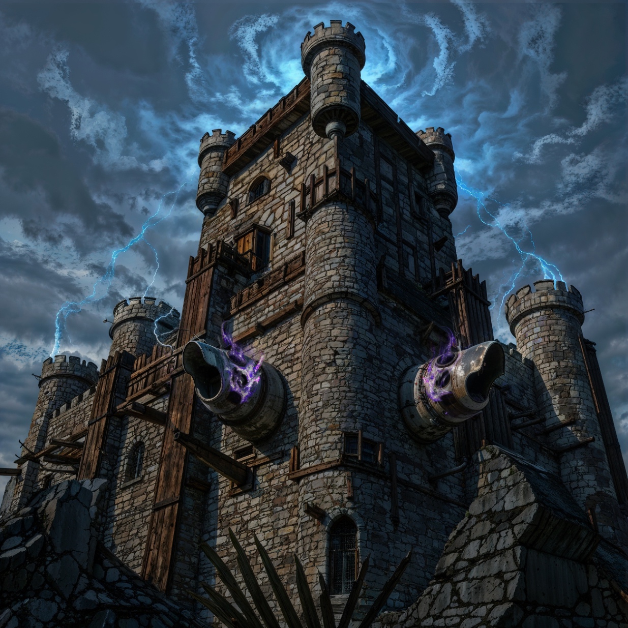 A towering medieval keep drawn from a dramatic low angle, with crenelated watchtowers braced in timber and two great snout-like cannons on the walls spitting crackling violet energy. Streaks of cyan lightning arc from the turret tops and the clouds swirl into a vortex behind the tallest tower.