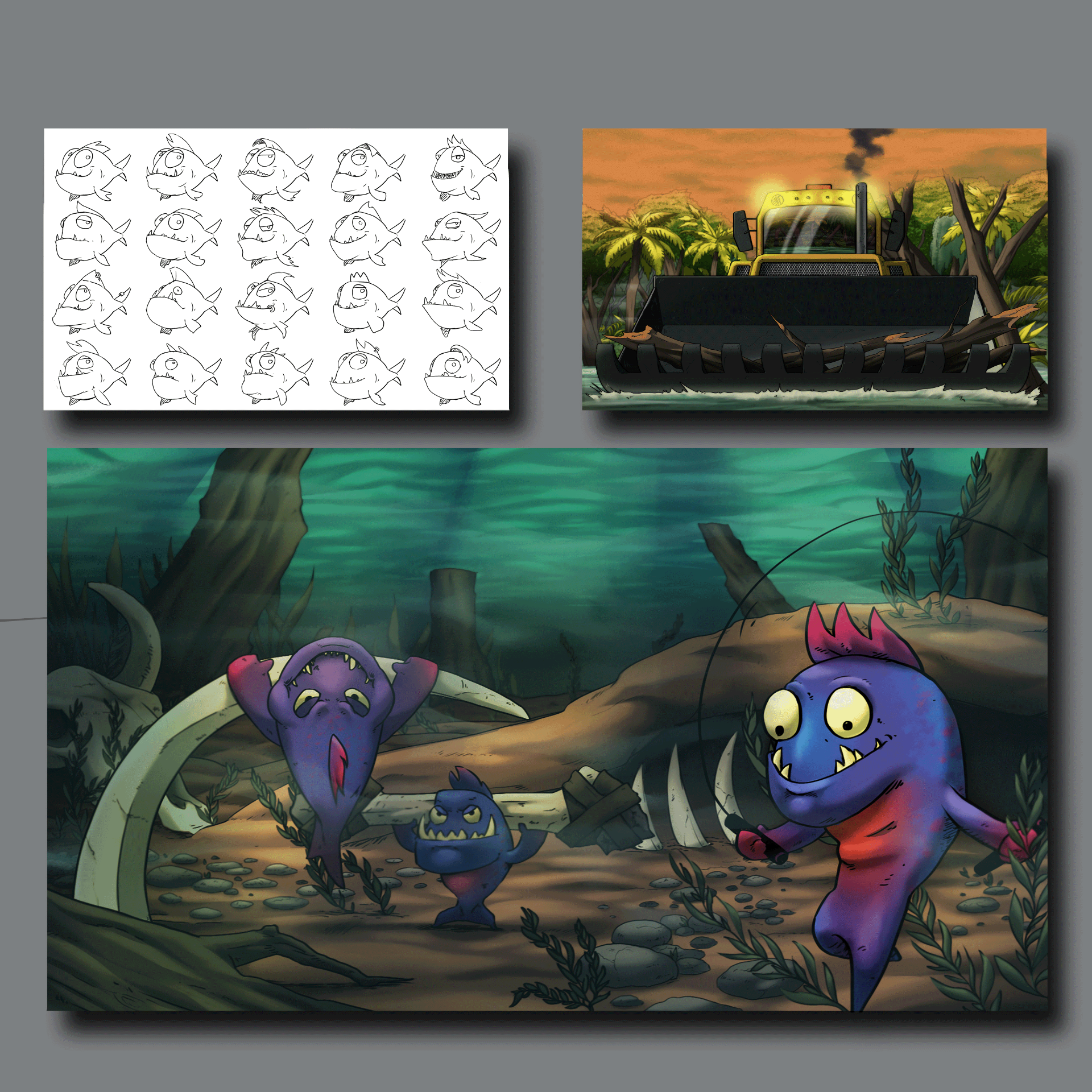 A three-panel development board. Top left: a twenty-cell grid of stylised piranha head iterations trying out shapes, hair tufts and eye directions. Top right: a yellow dredger fitted with a logging rake pushes fallen trees through a murky swamp at dusk, lit by an orange sunset. Bottom: three blue-purple fish with crimson fins on the underwater swamp floor — one hangs and swings from a rib bone, a smaller one carries a bone club, and the largest skips rope made of fishing line.