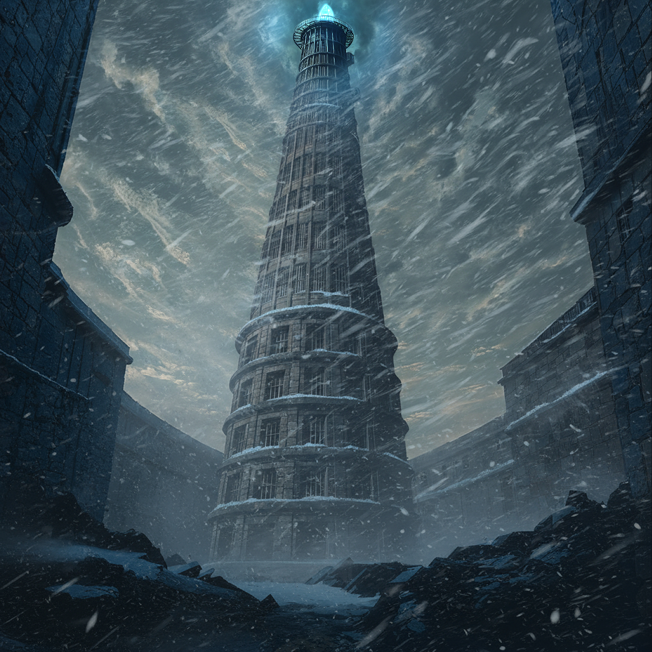 A monumental multi-tiered stone tower seen from below, its circular tiers ringed with barred arched openings and a cage-like cupola at the top burning with a bright blue beacon. High curved stone walls enclose a prison courtyard of dark rubble and snow drifts, while a blizzard drives diagonal snow squalls across a cloud-choked sky.