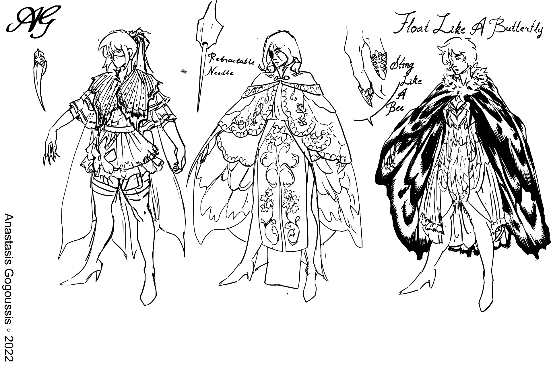 Three inked character designs with notes: a moth-winged girl, a caped figure with a retractable needle inspired by a wasp, and a butterfly winged woman.