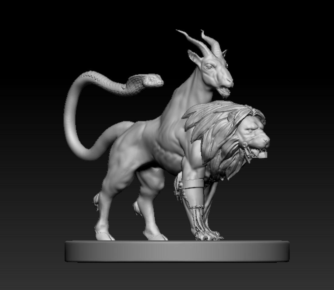 A greyscale clay render of a chimera on a round miniature base, seen in three-quarter profile: a lion's body with a mechanical prosthetic right foreleg and a locked jaw, a second horned goat head rising from its shoulders, and a rearing cobra for a tail.