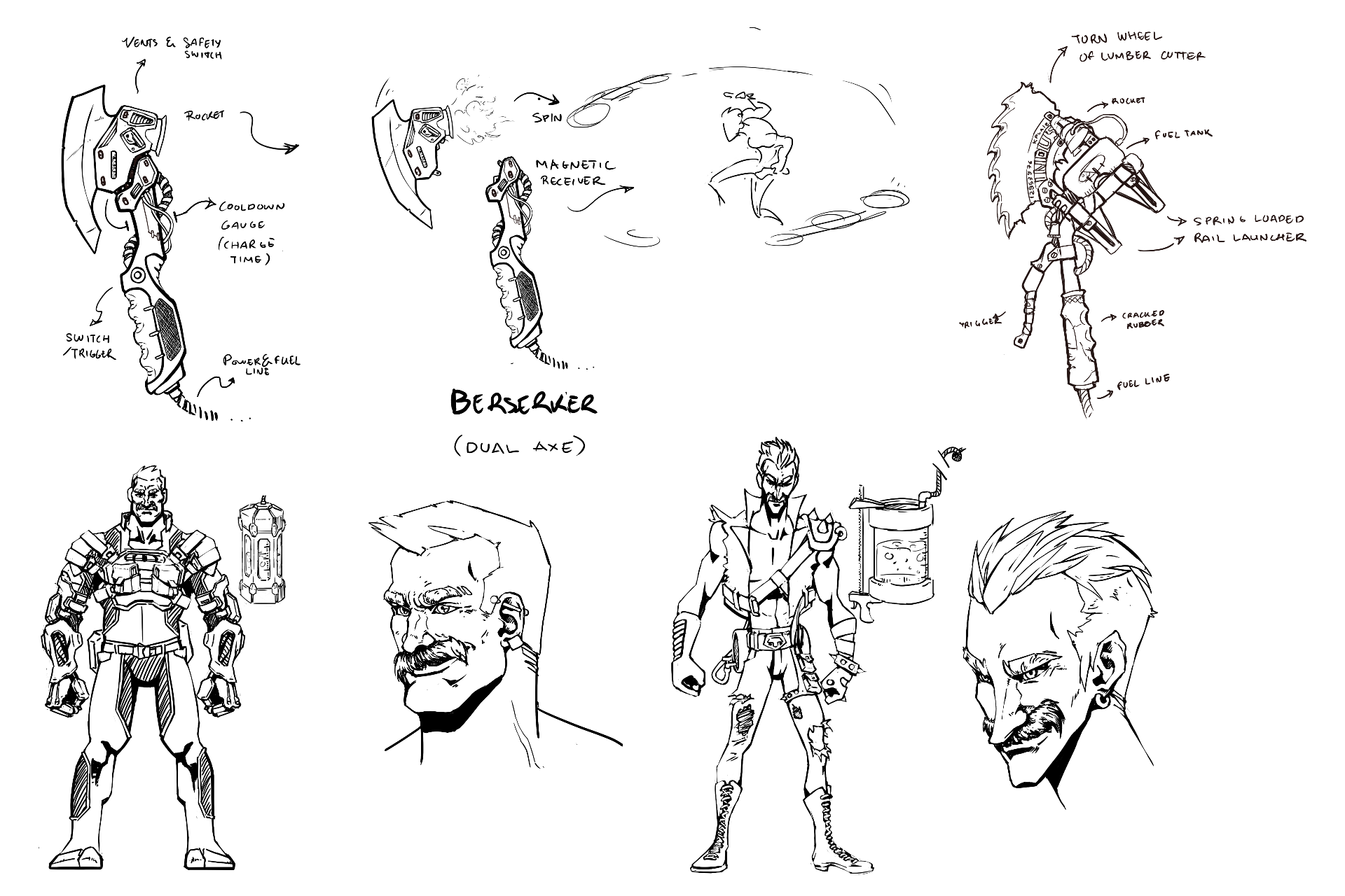 An inked concept sheet for a dual axe with rocket, fuel line and magnetic receiver, plus two character studies of its moustached wielder.