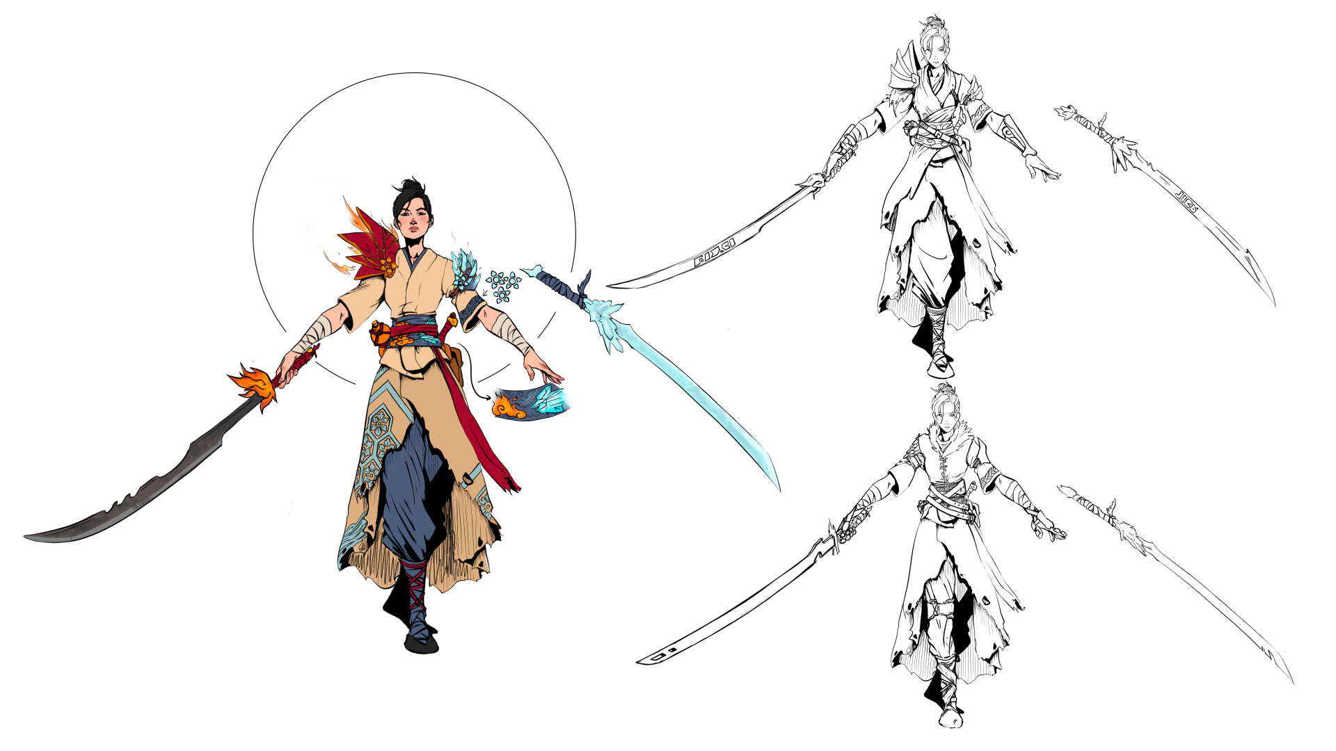 A character design sheet: a martial warrior with a heavy curved saber wreathed in flame with a fiery shoulder plate, and a floating cyan crystal sword. Two uncoloured line-art variants beside her test different shoulder plates, sashes and blade shapes.