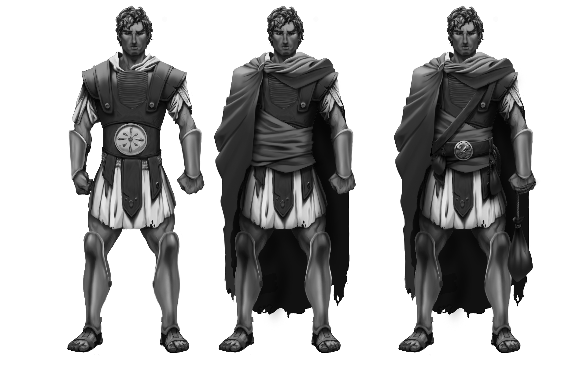 An ancient Greek warrior shown in three stages of layers over the base armor.