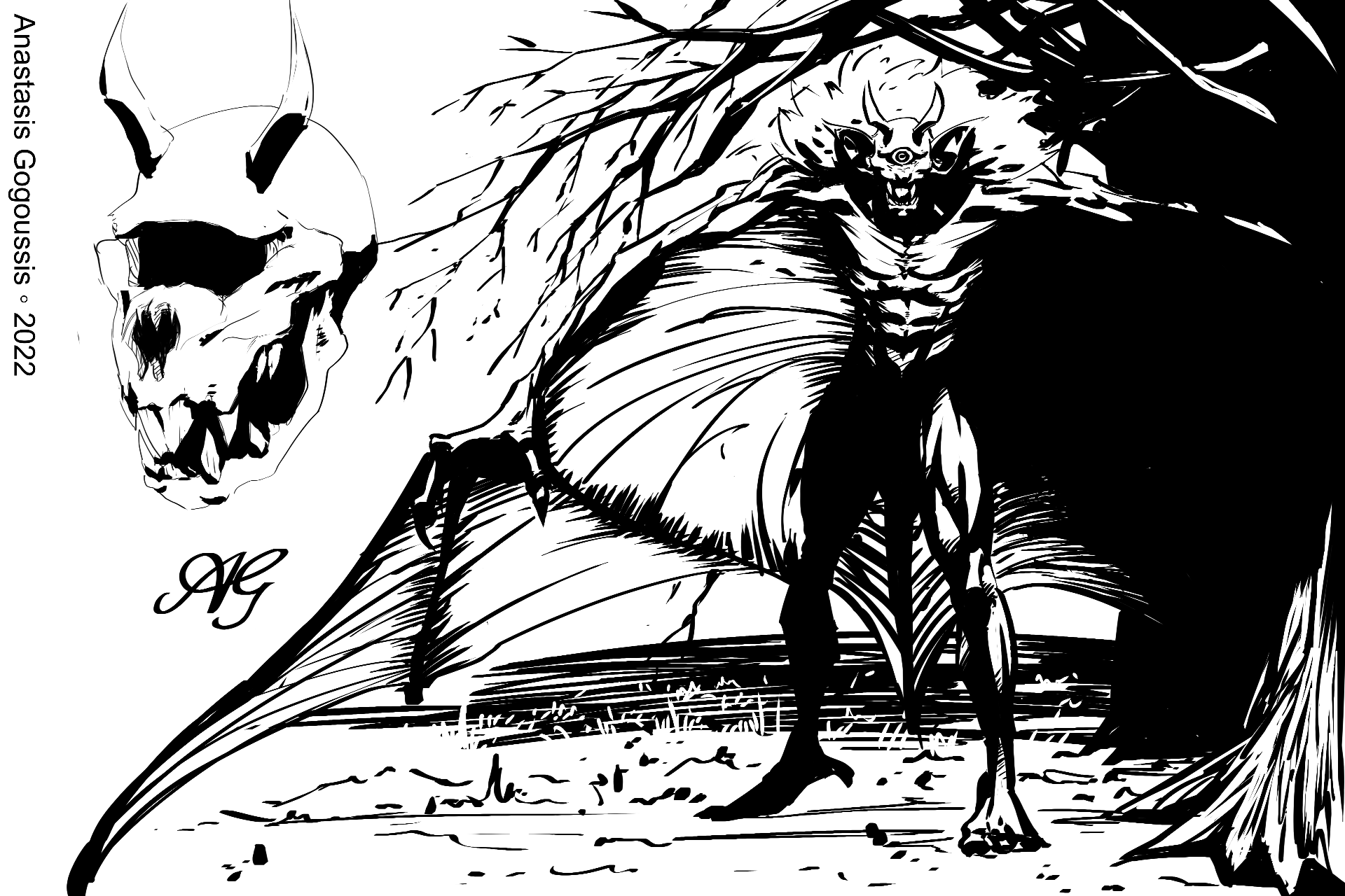A black inked creature concept: a winged, horned, one-eyed demon standing beneath bare branches, with an isolated head study of the same creature beside it.